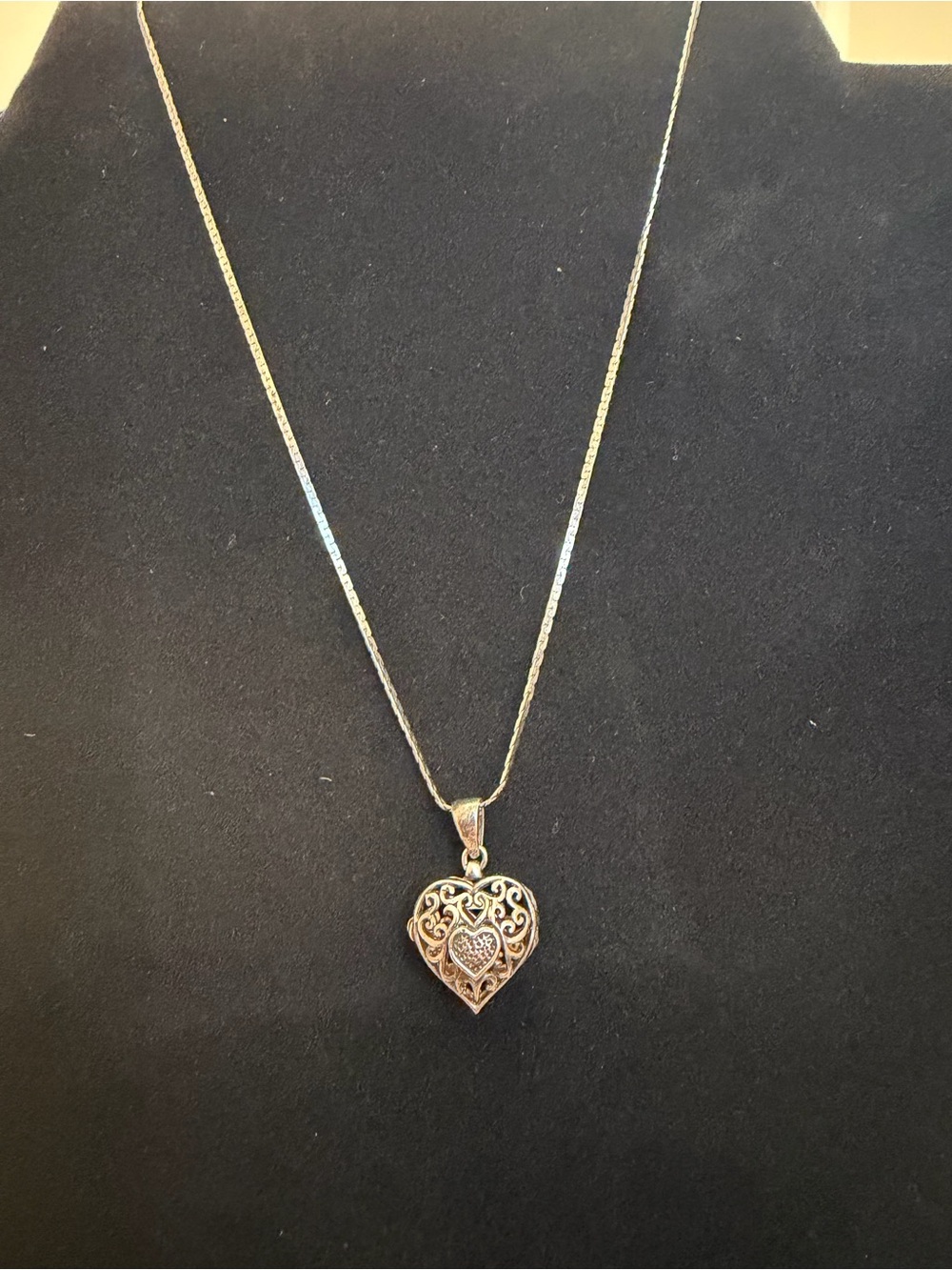 Vintage Heart Filigree Locket Pendant Necklace Sterling Silver - Women Jewelry
